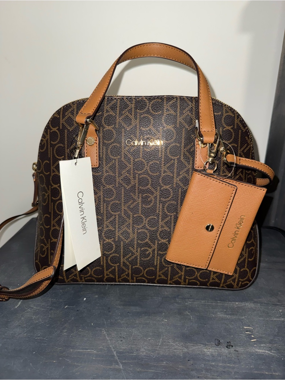 Calvin Klein Brown Logo Satchel with Tan Accents